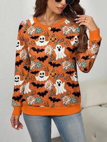 EMERY ROSE Orange Ghost, Pumpkin, Bat Graphic Print Halloween Raglan Long Sleeve Plus Size Sweatshirt Fall Cloth For Women Winter Autumn - Multicolor - View 4