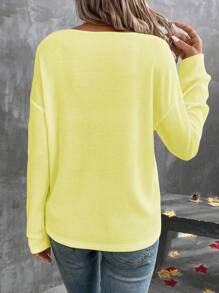 SHEIN LUNE 女式纯色V领落肩长袖休闲宽松T恤，秋季 - 黃色 - 查看 2