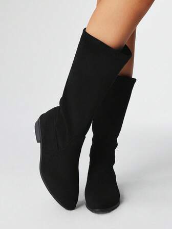 Goth Damen Schwarze Slip-On Elastische Spitze Zeh Niedrig Absatz Western Stiefel, Röhren Reit Hohe Stiefel, College Stil Knie-Hohe Stiefel