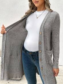 SHEIN Maternity Solid Color Long Sleeve Single-Breasted Ribbed Dual Pocket Casual Thin Jacket - Grey - View 6