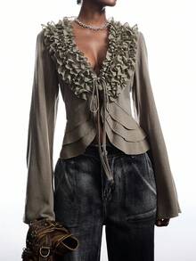 LYSMO 2025 New Arrive Minimalism Fall Women's Solid Color Multi-Layer Frill Trim Front Tie Long Sleeve Fashionable Blouse - Army Green - View 1