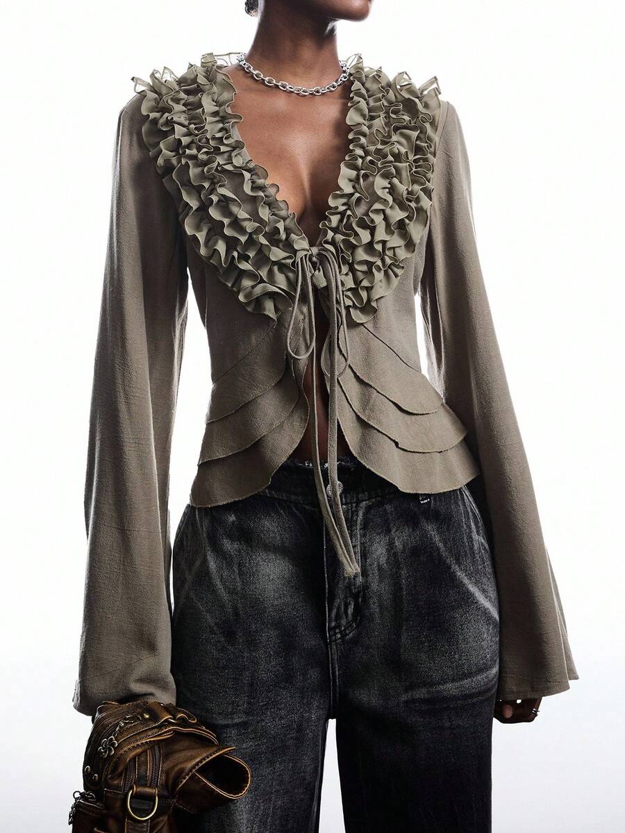 LYSMO 2025 New Arrive Minimalism Fall Women's Solid Color Multi-Layer Frill Trim Front Tie Long Sleeve Fashionable Blouse - Army Green - View 1