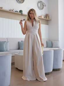 Extreme Wide Leg Zip Front Sleeveless Jumpsuit - Apricot - View 1