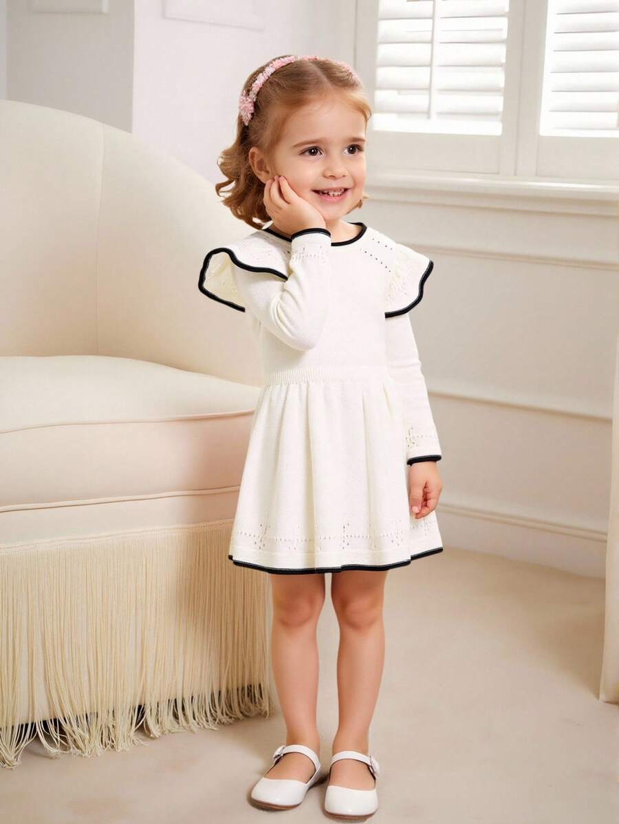 SHEIN Baby Girl Fashion Cute Versatile Ruffle Trim Knit Sweater Dress, Outerwear Fall Winter - Beige - View 1