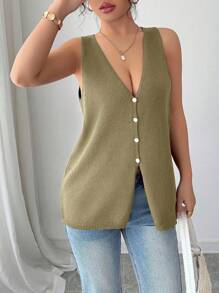 Rafferiza Women's Solid Color V-Neck Single-Breasted Casual Loose Knitted Vest - Green - View 6