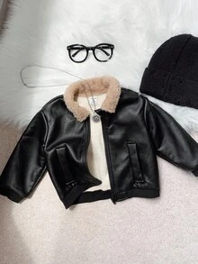 SHEIN Baby Boys Casual Cute Street Style Black PU Leather Thermal Lined Long Sleeve Zip Up Jacket, Baby Winter Clothes Baby Boy Jacket Baby Zip Up Jacket Baby Bomber Jacket Baby Leather Jacket Fall