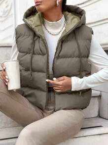 RueChic 女式連帽無袖棉褸背心,帶束口設計 - 灰色 - 查看 1