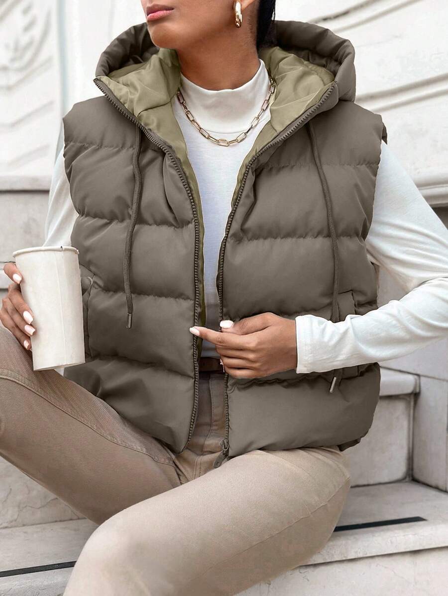 RueChic 女式連帽無袖棉褸背心,帶束口設計 - 灰色 - 查看 1