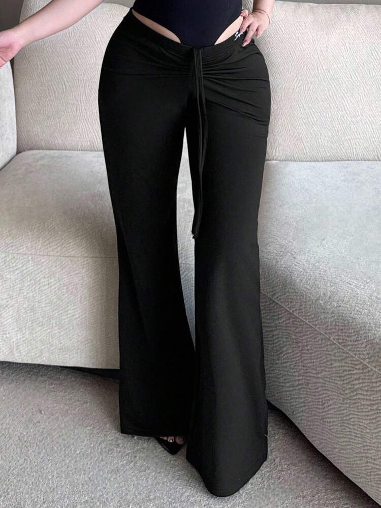 Dazy Plus Plus Size Women Letter Print Elastic Waist Drawstring Flare Leg Long Pants, Black, Autumn