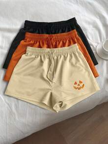 SHEIN Quần short nữ tối giản thêu hình bí ngô Halloween, quà tặng cho bạn bè - màu đen - Xem 3