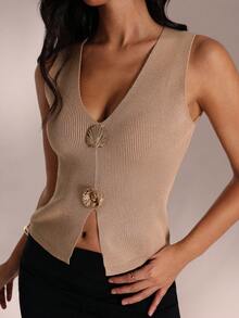 Avantive A Apricot-Colored Knit Top With Metal Buttons Street Wear Teacher For Women Fall Vacation Woman Going Out Tops Women Business Casual Woman Country Concert Old Money Style Women Tube Tops Western Wear Women Sexy Concert For Women Fall Tops Sweater Going Out - Apricot - View 3