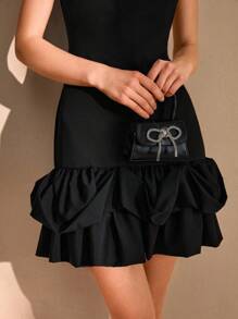 CLARA VERO Soft-Feel Woven Fabric Red Sleeveless Mini Dress With Ruffled Hem Detail - Black - View 7