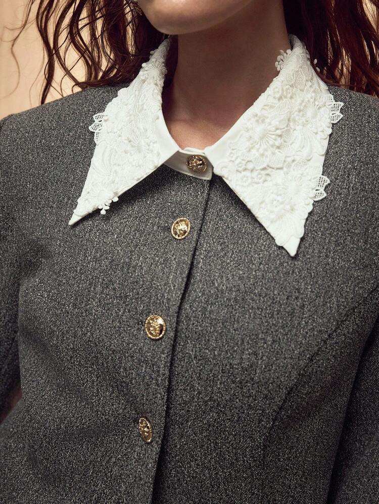 VESTE TWEED ÉLÉGANTE AVEC DÉCORATION DE BOUTONS DORÉS, GARNITURE EN DENTELLE AJOURÉE, CONVIENT POUR LE TRAVAIL, FEMMES
