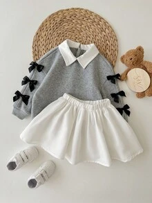 SHEIN Baby Mädchen süßer grauer Schleifen Sweatshirt & Mini Rock Set, Herbst/Winter