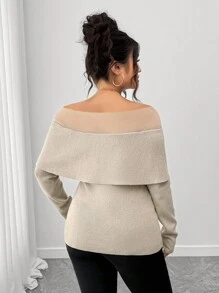 Elenzga Suéter elegante de talla grande con parches de malla y decoración de cuentas, con hombros descubiertos, adecuado para primavera y otoño - Caqui - Ver 2