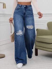 Quần jeans ống đứng ống đứng dáng rộng, giặt sờn rách cỡ lớn cho nữ, trang phục cao bồi màu xanh nhạt - Rửa tối - Xem 1