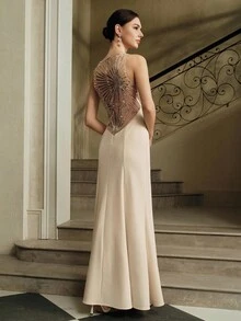 Anewsta Women's High-End Custom Beaded Luxurious Shoulder-Revealing Dress