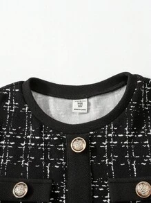 青少年女孩休闲简约舒适纽扣设计圆领长袖连衣裙 - 黑色 - 查看 3