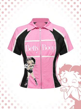 Betty Boop | ROMWE Chemise à manches courtes zippée pour femmes avec bloc de couleurs et figure de dessin animé