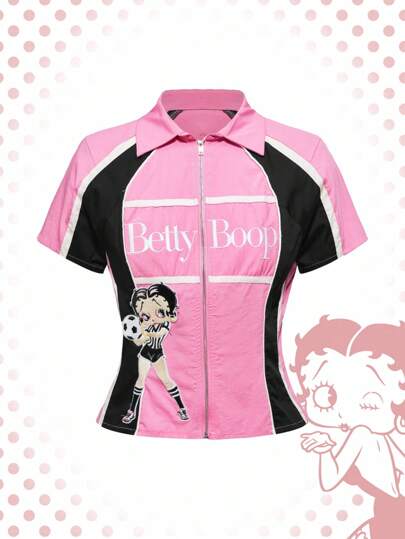 Betty Boop | ROMWE Chemise à manches courtes zippée pour femmes avec bloc de couleurs et figure de dessin animé