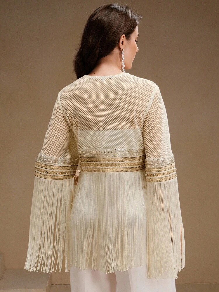 Women's Regular Jacket With Tassel & Mesh Design