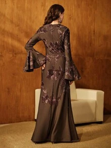 Anewsta 浪漫优雅腰部收腰刺绣花朵喇叭袖连衣裙 - 咖啡 - 查看 2