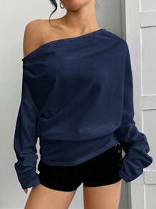 SHEIN EZwear 女士时尚休闲海军蓝长袖不对称领露肩运动衫，秋冬 - 藏蓝色 - 查看 4