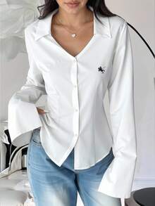 Elenzga 大码女式长袖单排扣刺绣修身休闲衬衫 - 白色 - 查看 3