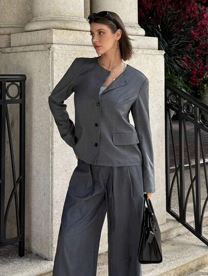 Siren Gaze 女士纯色圆领薄款西装外套秋季教师制服商务休闲办公室通勤