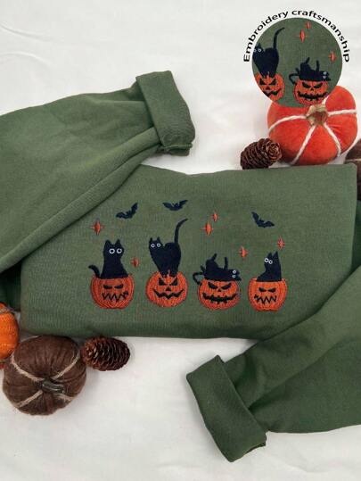 INAWLY Halloween EMBROIDERED Black Cat, Pumpkin Jack O'Lantern, Cat Ghost Crew Neck Sweatshirt, Gift For Cat Lovers, Fall Sweatshirt For Women And Men