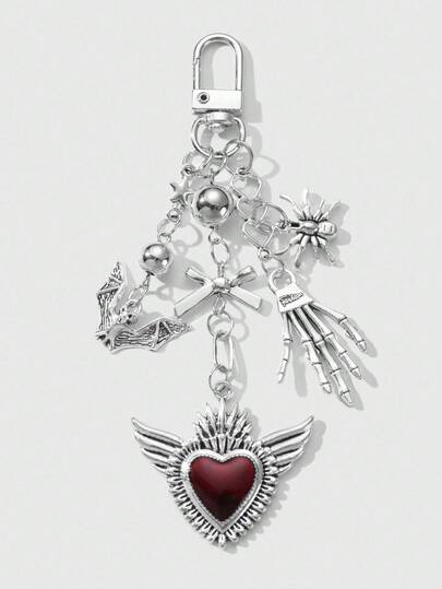 Goth 1 pièce Série Halloween Y2K Porte-clés et charm de sac style rétro punk goth avec cœur creux en argent CCB, étoile, araignée, crâne, main de vampire, chauve-souris, nœud papillon, goutte d'huile, aile, cœur. Convient pour les femmes, port quotidien, cadeau de vacances