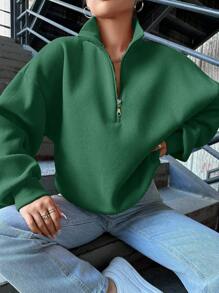 SHEIN Cottnline Solid Color Women's Drop Shoulder Zip Up Sweatshirt - Green - View 5