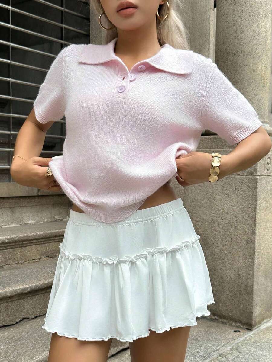 INAWLY Women's Solid Color Polo Collar Loose Casual Knit Top - Pink - View 1