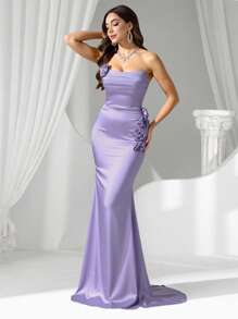 Coutiva 优雅性感褶皱抹胸下摆手工花朵设计美人鱼下摆晚礼服，适合婚礼宾客、生日派对、晚宴、鸡尾酒会、毕业典礼 - 紫色 - 查看 13