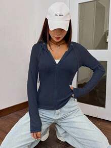 SHEIN EZwear Women's Hooded Zippered Sweatshirt In Fall/Winter - Navy Blue - View 7