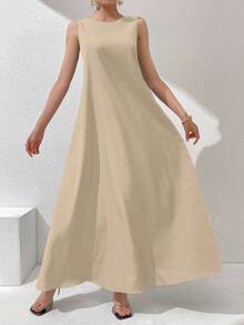 Al Najma Women's Solid Color Round Neck Elegant Sleeveless Arabic Dress