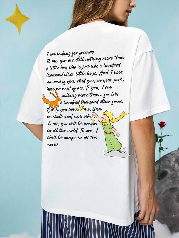 LE PETIT PRINCE X SHEIN Women's Loose White T-Shirts, Back To School, Tops For School, Basic Tops, Cartoon Patterns, Text Patterns, Planet Patterns,Fox Patterns, Fall And Winter T-Shirts
