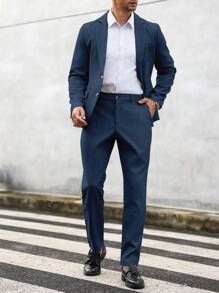 Manfinity Mode Men's Solid Color Single-Breasted Long Sleeve Suit Jacket And Pocketed Suit Pants Set - Navy Blue - View 7