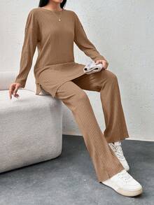 EURMUSE Cotton Drop Shoulder Split Hem Tee & Pants - Mocha Brown - View 4