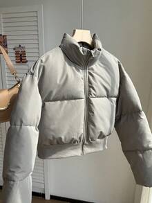 Teen Girls' Short Zip-Up High Collar Padded Coat, Casual Commuter Wear, Autumn/Winter Fall - Grey - View 8