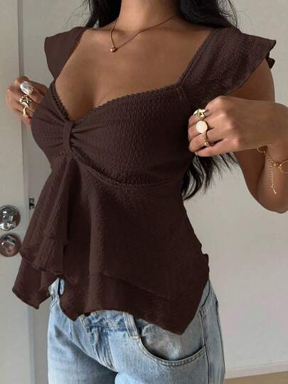 MainGRL Women's Textured Knit Ruffle Hem Sweetheart Neck Cap Sleeve Elegant T-Shirt, Rave Top Ruffle Top Brown Top Women Chocolate Brown Top