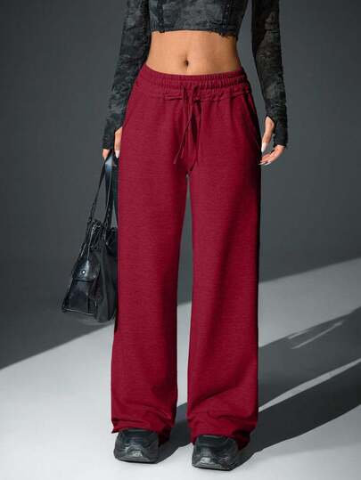 CasuGlow Women, Spring, Autumn, Winter, Sweatpants, Raw Edge, Pocket, Drawstring, Loose Fit, Wide Leg, Embroidery,Trousers,Petite Trousers,Petite Women Clothing,Autumn,Black Trousers,Petite