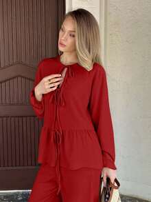 EURMUSE WOMEN TWO PIECES OUTFIT WITH TIE KNOT DETAILED - Red - View 6