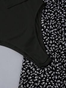 EMERY ROSE 2pcs Set: Casual Solid Color Bodysuit & Ditsy Floral Split Skirt, Autumn Fall Cloth For Women - Black - View 5