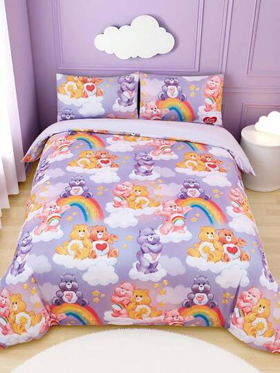 SHEIN X Care Bears 3 件套卡通熊和彩虹图案拉绒羽绒被套，柔软温暖，紫色，适用于单人床/双人床/大号床/特大号床