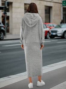 SHEIN Tall Drop Shoulder Drawstring Hooded Sweater & Knit Skirt - Grey - View 5