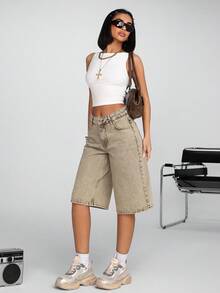 RueChic Women Y2K Style Solid Color Denim Shorts, Fashionable For Summer Women Summer Clothing Women S Clothes Women Clothing Y2k Women Summer Sets Women Plus Clothing Shorts - Beige - View 3