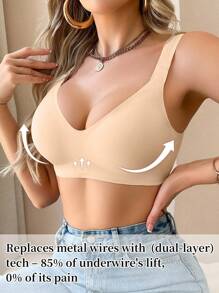 SHEIN 1 pieza Sujetador cómodo y casual de estilo minimalista, de unicolor, con costuras invisibles, tirantes ajustables, con soporte y almohadillas desmontables, sin aros para mujeres - Albaricoque - Ver 4