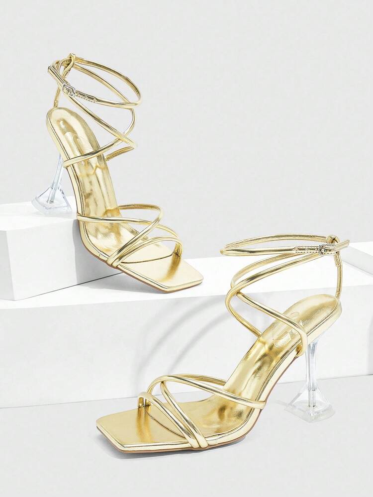 CUCCOO SZL Women's Gold Multi-Strap Criss-Cross Sexy Fashion Square Toe Stiletto Heel Nightclub Elegant High Heel Sandals