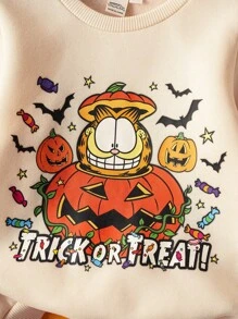 GARFIELD | SHEIN Young Girls' Khaki Sweatshirt With Cartoon Cat And Pumpkin Candy Patterns, Suitable For Autumn, Winter And Halloween - Khaki - View 4